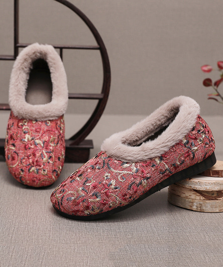 Comfy Beige Embroidery Splicing Flats Fuzzy Wool Lined