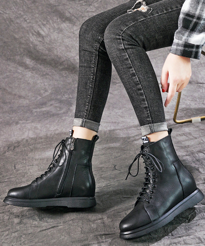 Comfy Black Cowhide Leather Boots Warm Fleece Lace Up Boots