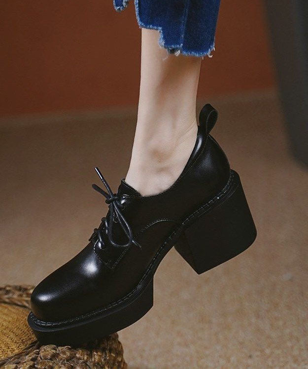 Comfy Black Cowhide Leather High Heels Lace Up Platform High Heels