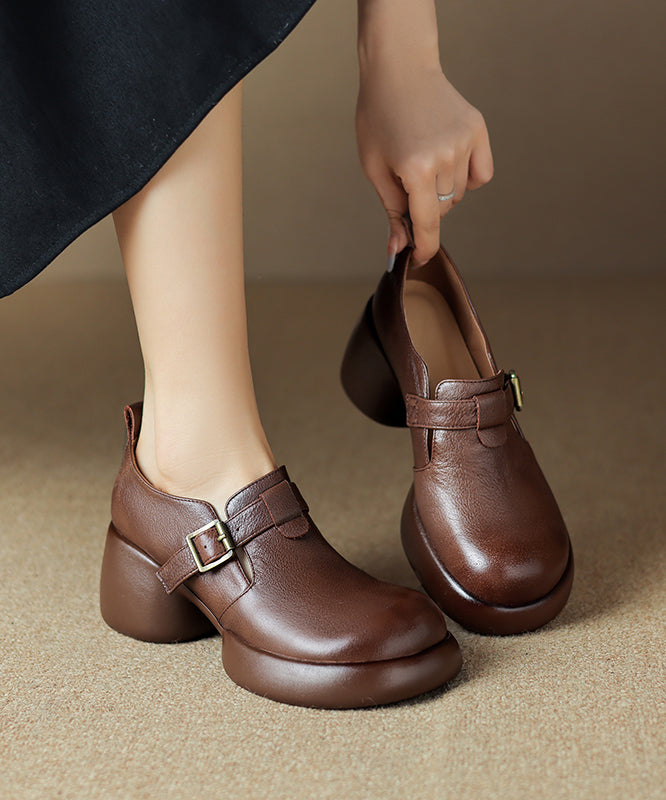 Comfy Brown Belt Buckle Cowhide Leather Chunky Heel