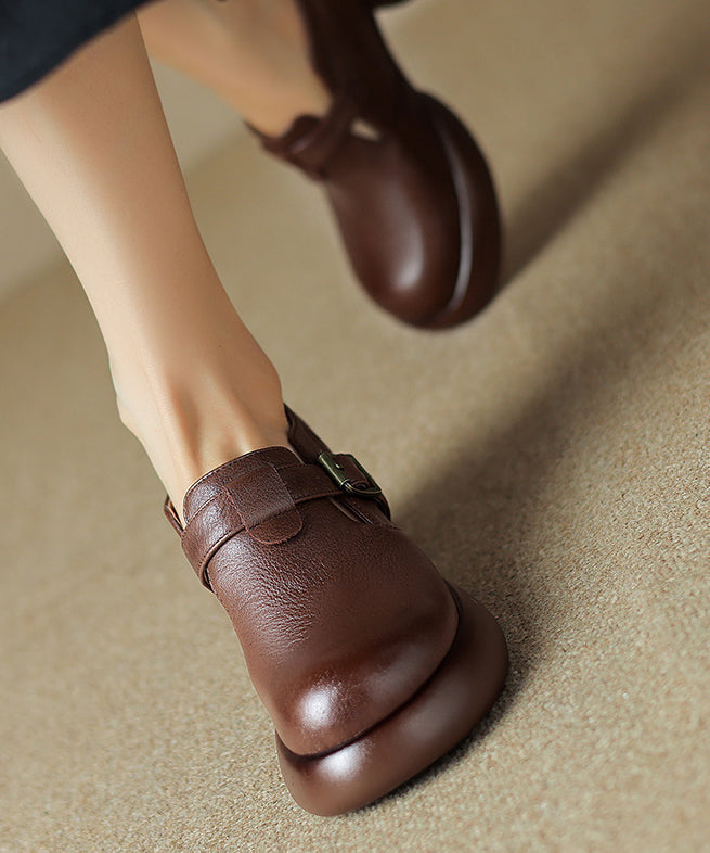 Comfy Brown Belt Buckle Cowhide Leather Chunky Heel