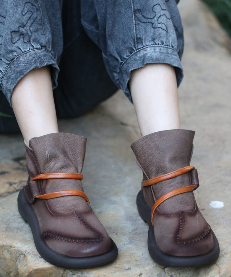 Comfy Brown Cowhide Splicing Cross Strap Leather Boots