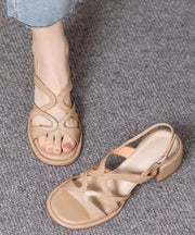 Comfy Chunky Heel Sandals Beige Genuine Leather Hollow Out Peep Toe