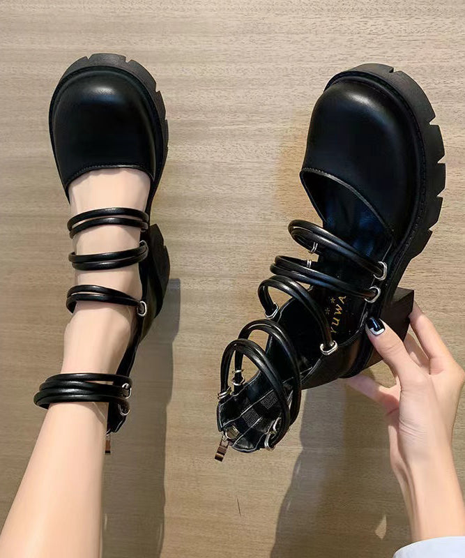 Comfy Chunky Heel Sandals Black Hollow Out Faux Leather