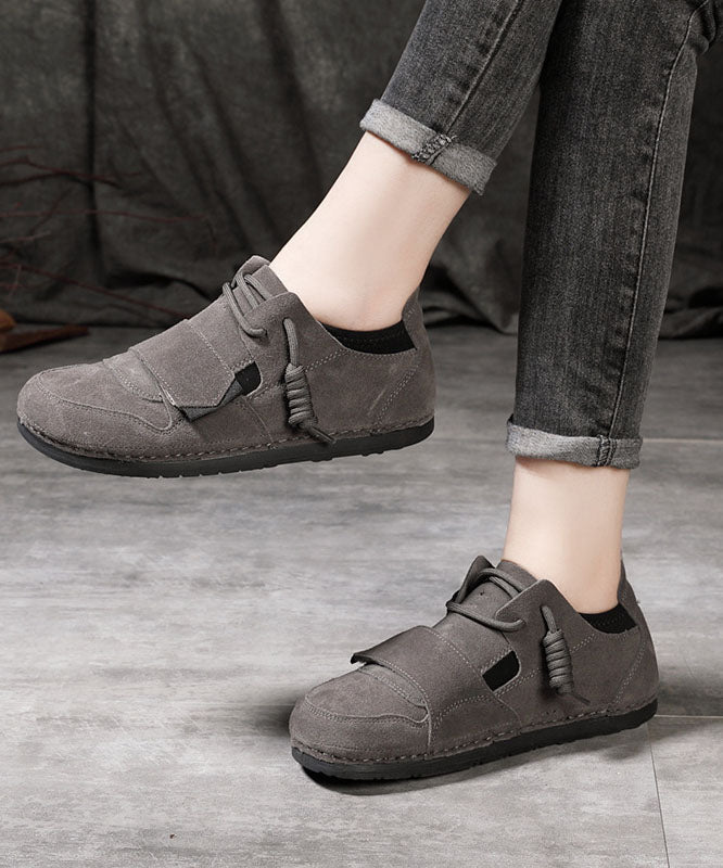 Comfy Flat Shoes For Women Grey Cowhide Leather