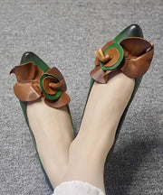 Comfy Green Cowhide Leather Pointed Toe Women Splicing Flat Shoes