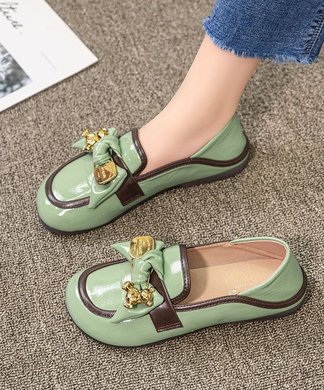 Comfy Green Faux Leather Splicing Bow Loafers For Women