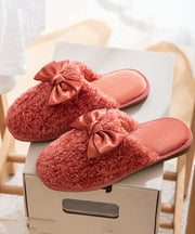 Comfy Soft Splicing Bow Slippers Shoes Red Faux Fur