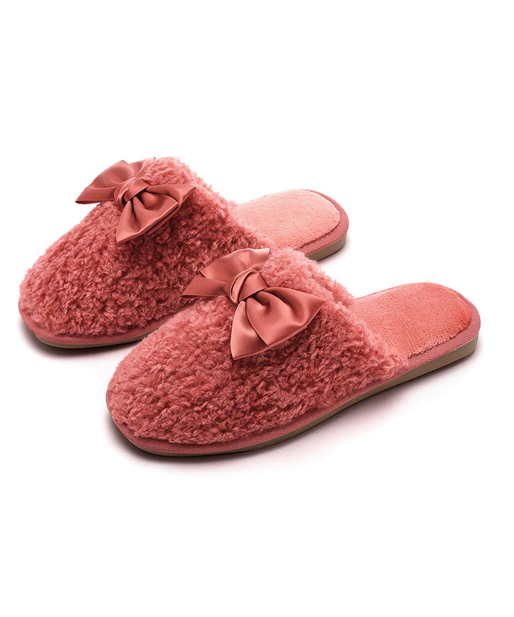 Comfy Soft Splicing Bow Slippers Shoes Red Faux Fur