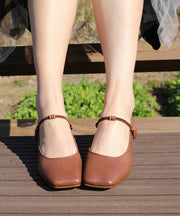 Comfy Splicing Buckle Strap Chunky High Heels Coffee Cowhide Leather