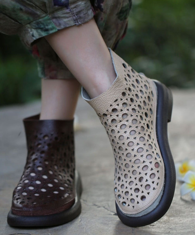 Comfy Splicing Hollow Out Boots Beige Cowhide Leather