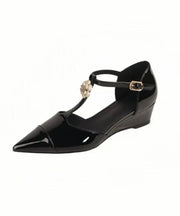 Comfy Splicing Wedge Sandals Black Cowhide Leather Pointed Toe