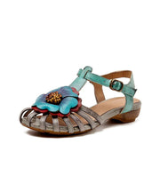 Comfy Splicing Wedge Sandals Grey Cowhide Leather Floral Hollow Out