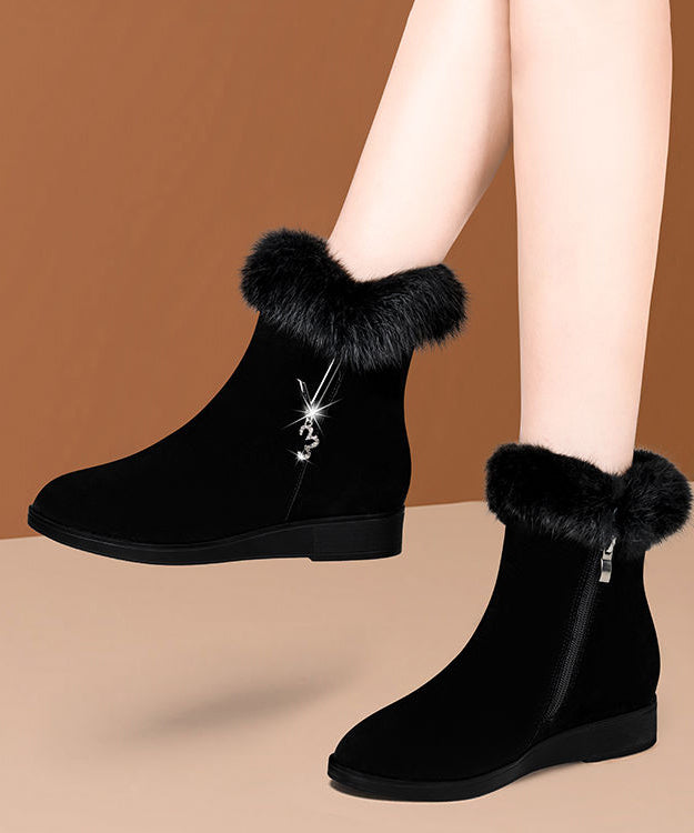 Comfy Warm Wedge Boots Black Fuzzy Wool Lined