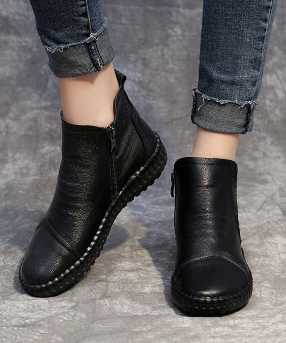 Comfy Zippered Splicing Boots Black Cowhide Leather