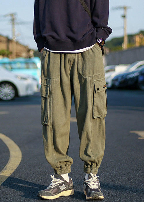 Cool Army Green Pockets Warm Fleece Men Beam Pants Elastic Waist Spring