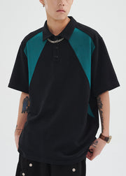 Cool Black Button Print Cotton Men Polo Shirts Short Sleeve