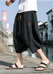 Cool Black Embroideried Pockets Cotton Mens Crop Pants Summer