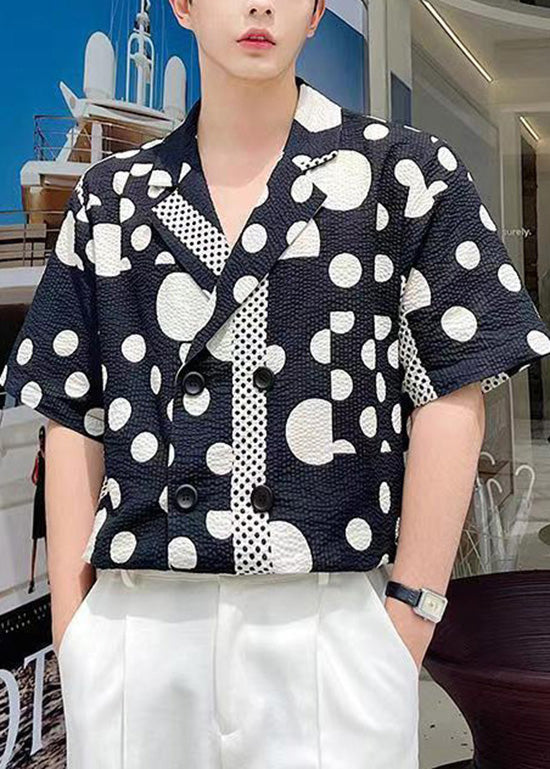 Cool Black Notched Print Button Cotton Mens Shirts Summer