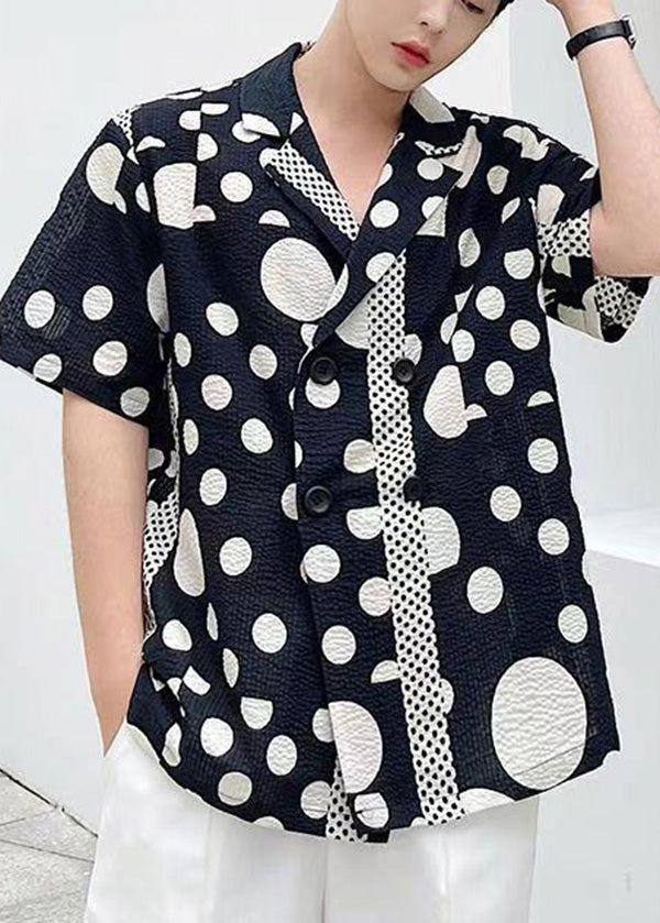 Cool Black Notched Print Button Cotton Mens Shirts Summer