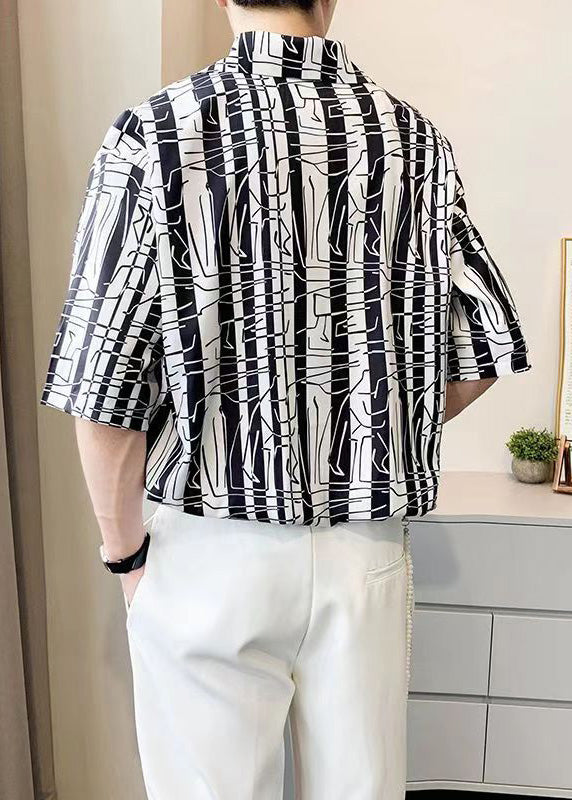 Cool Black Notched Striped Pockets Ice Silk Mens Shirts Summer