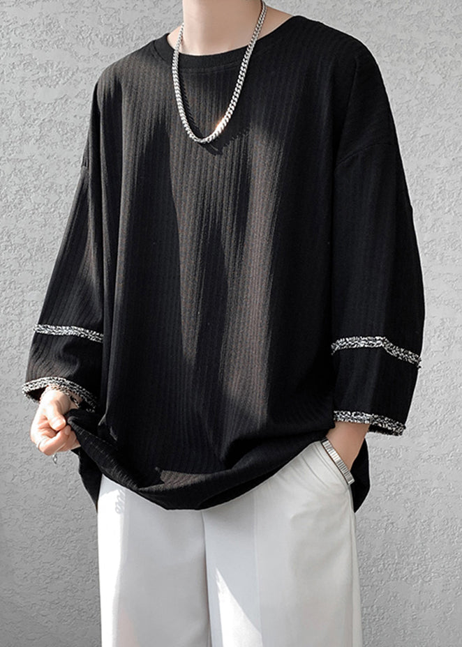 Cool Black O Neck Patchwork Cotton Best T Shirts For Men Batwing Sleeve