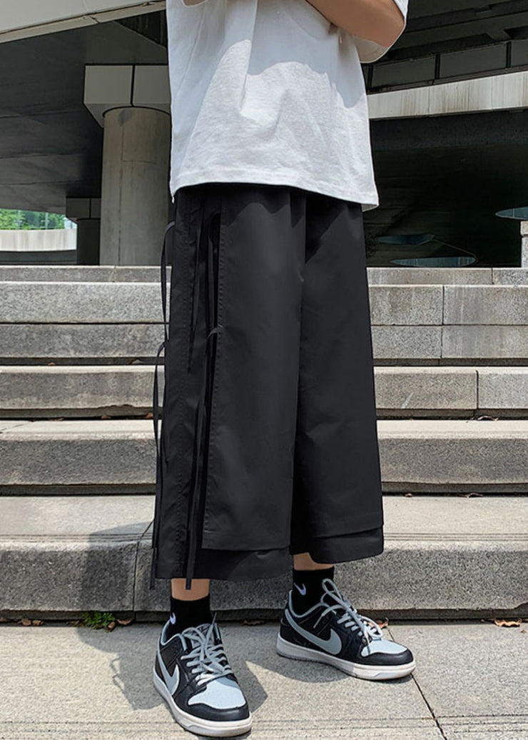 Cool Black Pockets Lace Up Solid Cotton Summer Men Wide Leg Pants