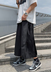 Cool Black Pockets Lace Up Solid Cotton Summer Men Wide Leg Pants