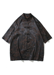 Cool Black Stand Collar Print Button Ice Silk Men Shirts Summer