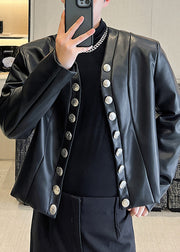 Cool Black V Neck Button Faux Leather Men Coat Spring