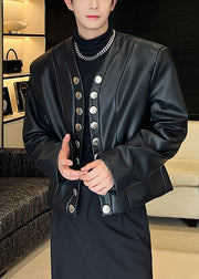 Cool Black V Neck Button Faux Leather Men Coat Spring