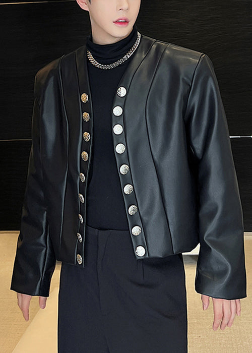 Cool Black V Neck Button Faux Leather Men Coat Spring