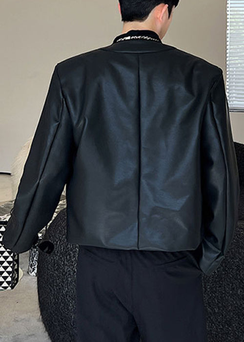 Cool Black V Neck Button Faux Leather Men Coat Spring