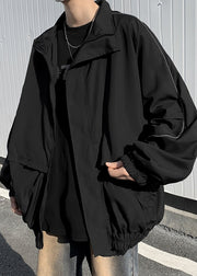 Cool Black Zip Up Pockets Cotton Mens Coats Spring