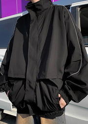 Cool Black Zip Up Pockets Cotton Mens Coats Spring