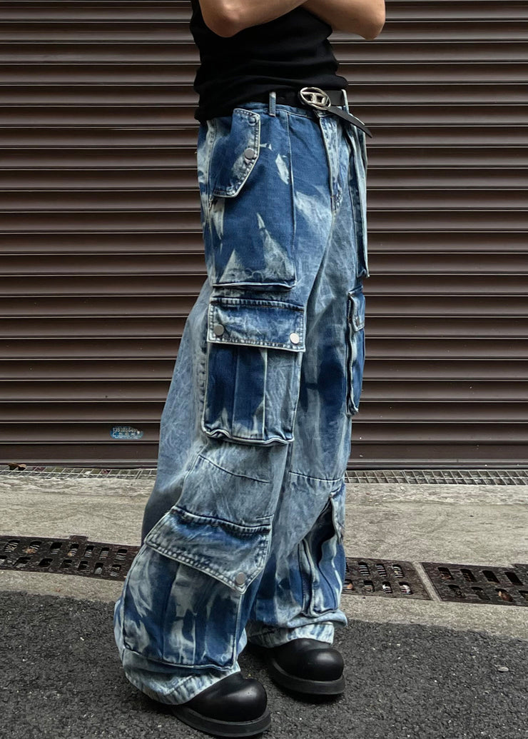 Cool Blue Button Pockets High Waist Denim Men Pants Summer