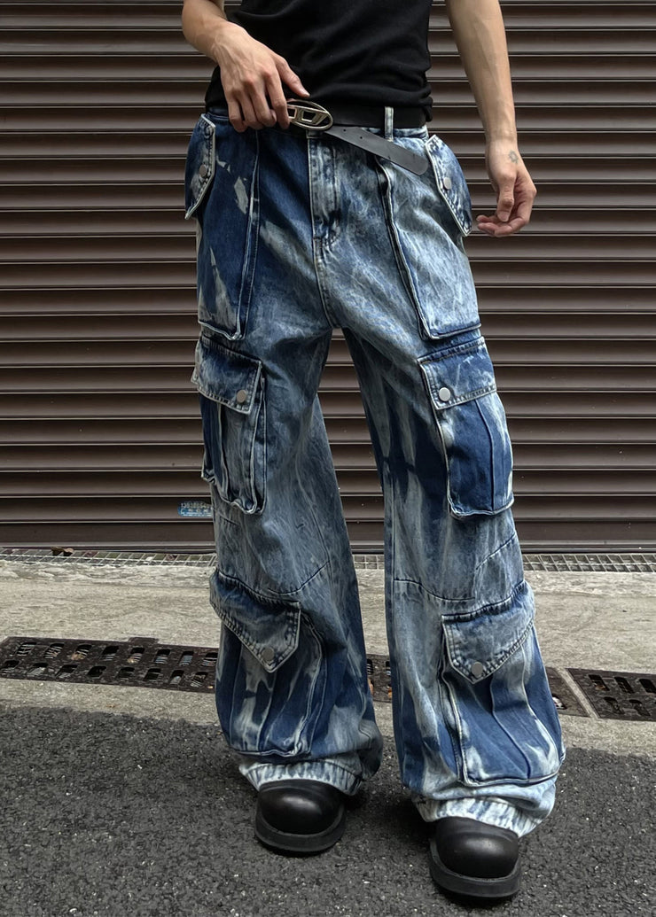 Cool Blue Button Pockets High Waist Denim Men Pants Summer