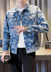 Cool Blue Button Print Pockets Denim Men Coat Spring