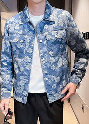 Cool Blue Button Print Pockets Denim Men Coat Fall