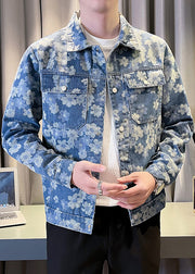 Cool Blue Button Print Pockets Denim Men Coat Spring