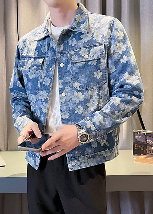 Cool Blue Button Print Pockets Denim Men Coat Spring