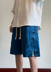 Cool Blue Pockets Print Chinese Button Ice Silk Mens Shorts Summer