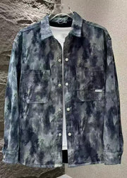 Cool Blue Tie Dye Button Pockets Men Coat Fall