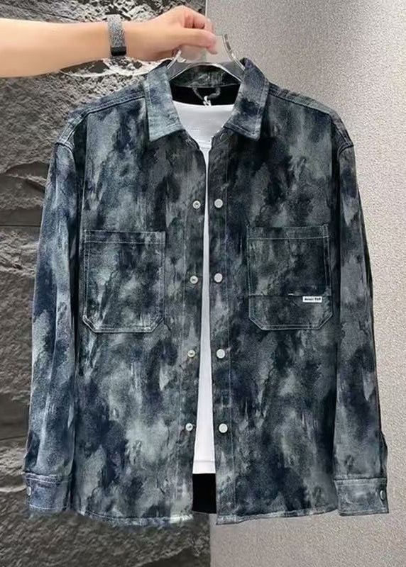 Cool Blue Tie Dye Button Pockets Men Coat Spring