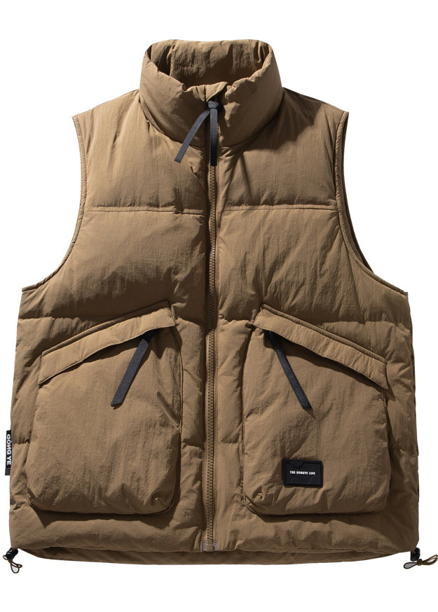 Cool Brown Stand Collar Zip Up Duck Down Men Vests Winter