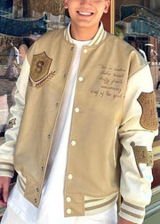 Cool Khaki Embroideried Patchwork Faux Leather Mens Jacket Spring