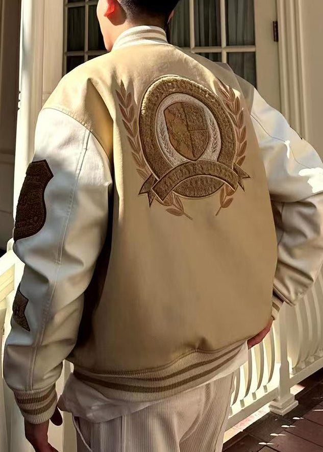 Cool Khaki Embroideried Patchwork Faux Leather Mens Jacket Spring