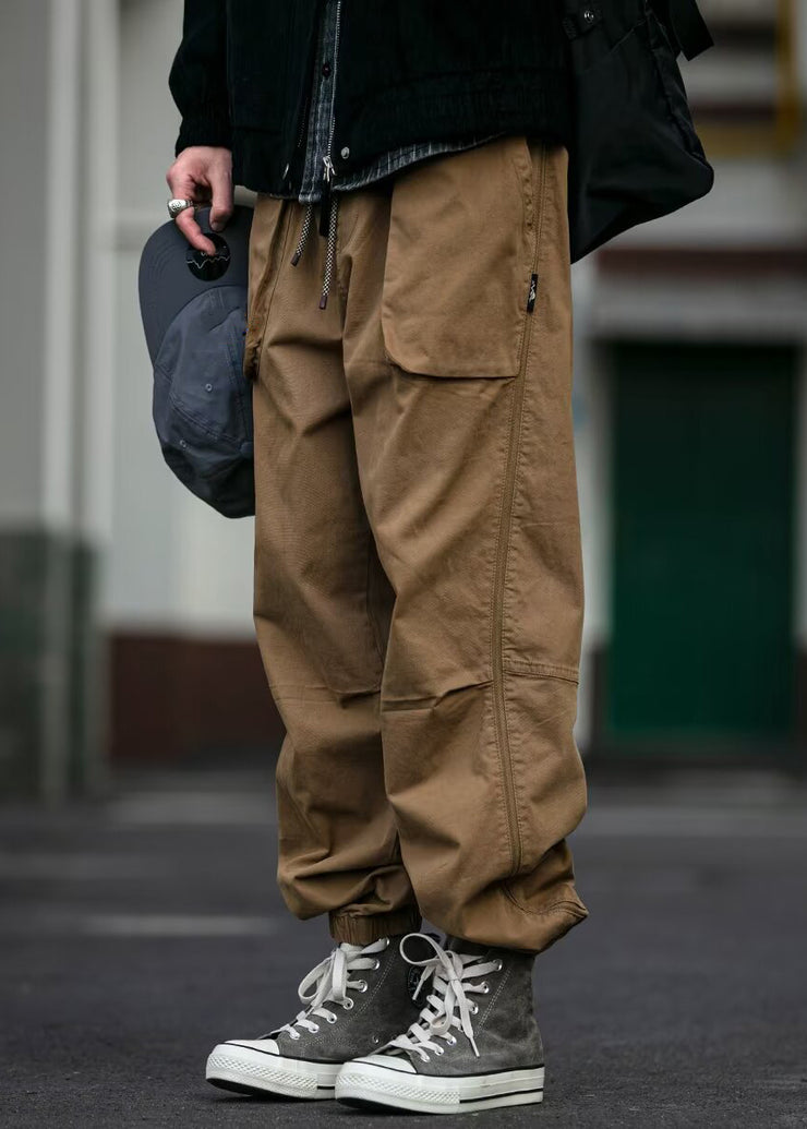 Cool Khaki Pockets Elastic Waist Cotton Mens Beam Pants Spring