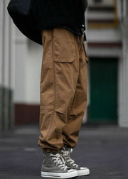 Cool Khaki Pockets Elastic Waist Cotton Mens Beam Pants Spring