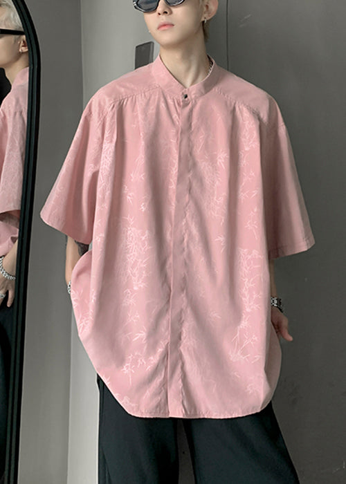 Cool Pink Button Print Ice Silk Mens Shirts Half Sleeve
